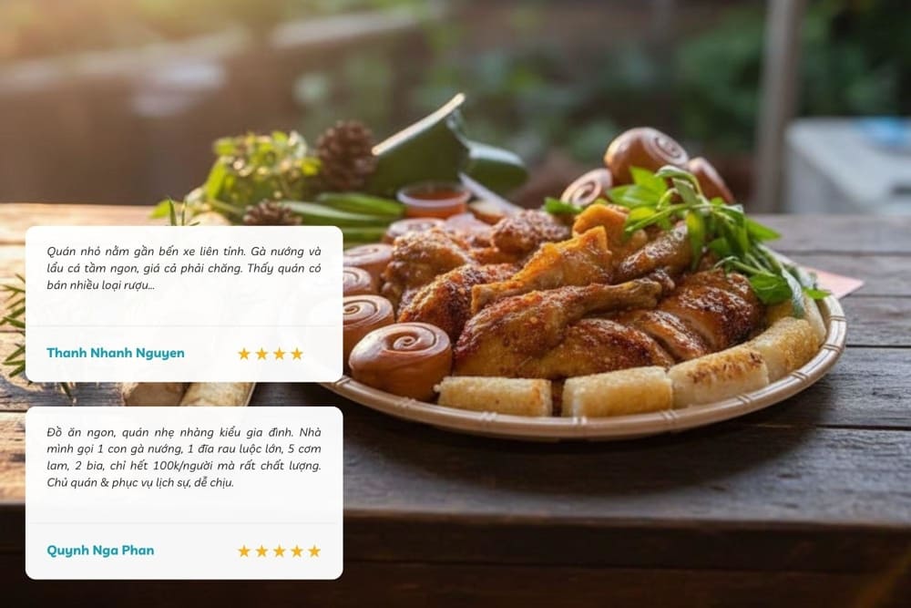 Du kh&aacute;ch đ&aacute;nh gi&aacute; cao qu&aacute;n nhờ hương vị g&agrave; nướng đậm đ&agrave;, cơm lam dẻo thơm c&ugrave;ng kh&ocirc;ng gian sạch sẽ, phục vụ chu đ&aacute;o